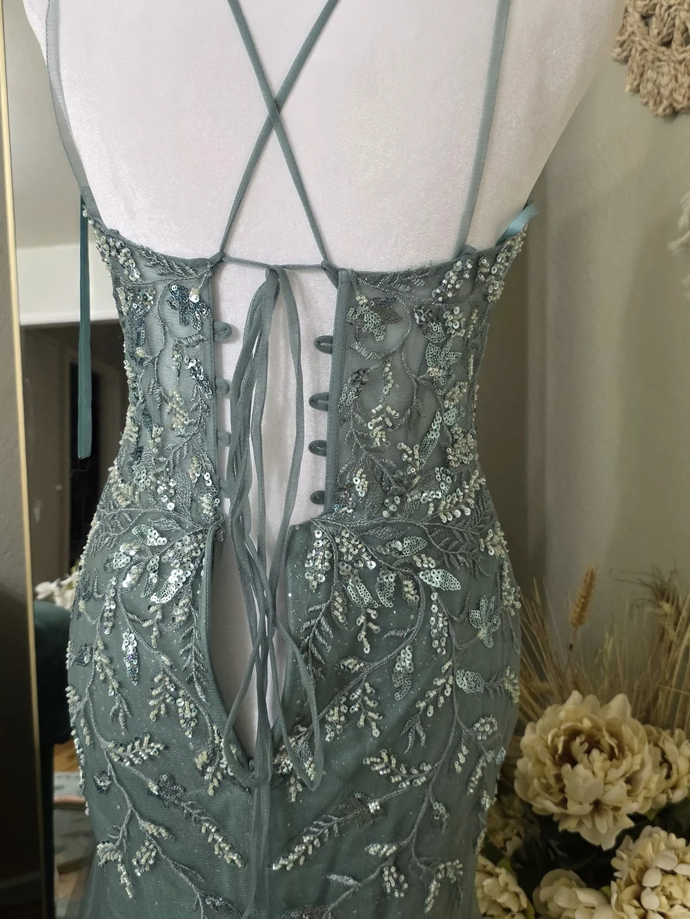 eva mendes for New York & Company Sage Beaded Floral Tulle Gown